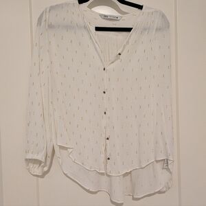 Zara White and Gold Button-Up Blouse